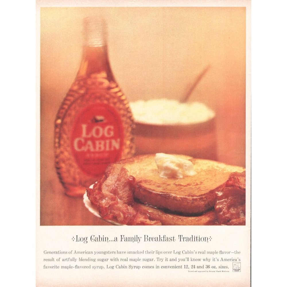 1960 Log Cabin Pancake Syrup Vintage Print Ad French Toast Bacon Breakfast Art